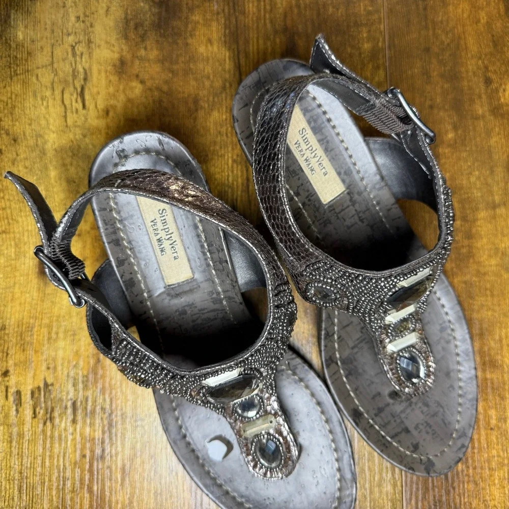 Simply Vera Vera Wang SYSTONE‎ Bronze Metallic Beaded Wedge Sandal Womens 6M